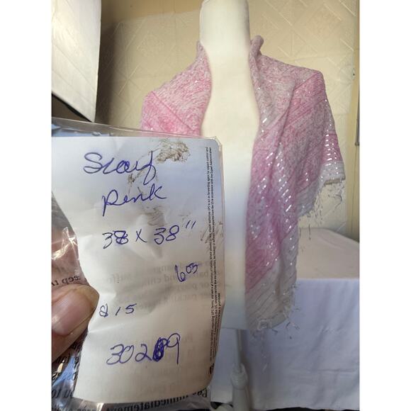SCARF pink square 38x38" thin with string fringes silver thread - Picture 8 of 8